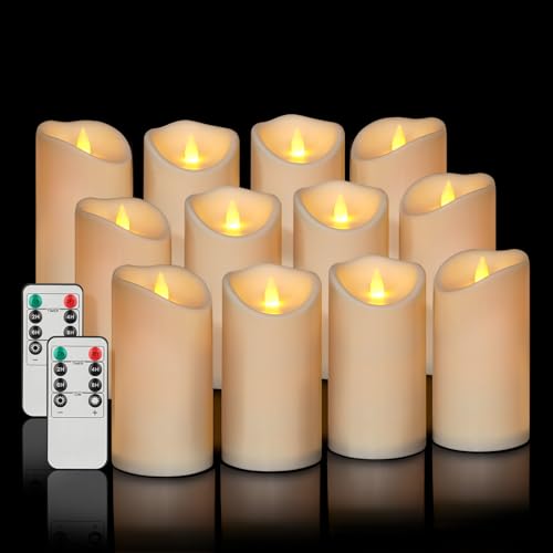 Image of Flameless Candles 3 inchD X 6 inchH Set of 12 Outdoor Indoor Ivory Pillars Battery Operated Flickering Candles Include 8-Key Remote Timer Function, Ivory Waterproof Candles for Wedding, Aniversary Decor