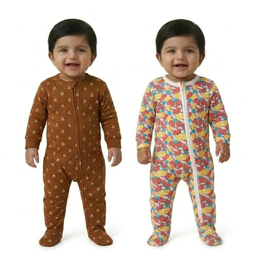 Image of The Mom Store Baby Zipper Romper for Boys and Girls Combos | Cotton | Soft and Comfortable Infant Bodysuit | Trendy Stylish Sleepsuit Nightsuit for Newborn Baby | Printed | Unisex Sleep Wear