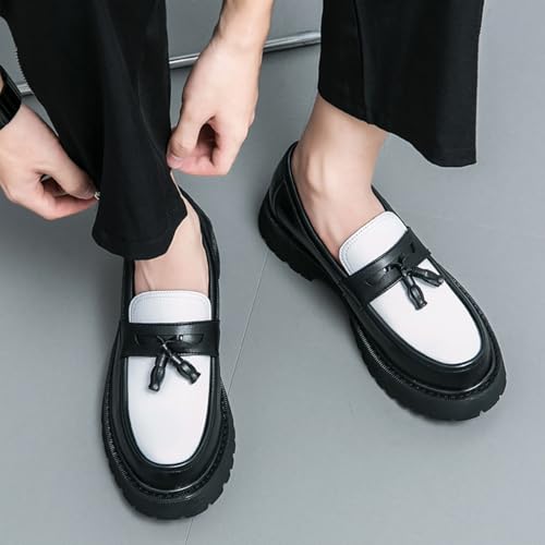 Mens Leather Slip-On Platform Dress Tassels Loafers Non-Slip Low Top Round Toe Chunky Penny Shoes for Business Casual Dress Prom Party2