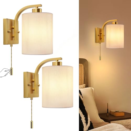 Lightess Wall Sconces with Pull Chain,Vintage Hardwired Pull Cord Wall Light Fixture with on Off Switch,Indoor Wall Lamp for Hallway Bedroom Living Room,Set of Two Gold (Bulbs Not Included)