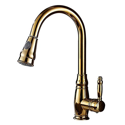 JRUIA Ausziehbarer Küche Wasserhahn 360°Schwenkbarer Küchenarmatur-Spültischarmatur mit Herausziehbarer Geschirrbrause Einhebel Mischbatterie Spüle armatur aus Messing (Gold) Cover