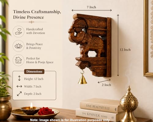 Image of Wooden Elephant Wall Bracket Pair 12 Inch | Hand Carved Brown Finish South Indian Corbels with Brass Bells | Traditional Wooden Wall Hanging Sculpture for Home & Pooja Room Decor (Set of 2)