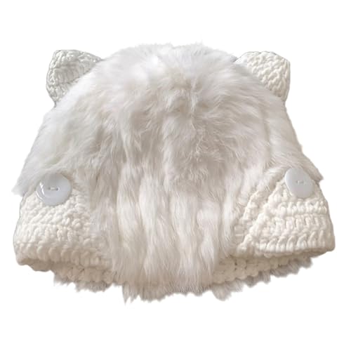 EPIPHQNY Beanie, Cats Ear Plush Hat for Kids Adult Warm Knitted Skull Hat Fashion Activity Hats Winter Windproof Trapper Ha White