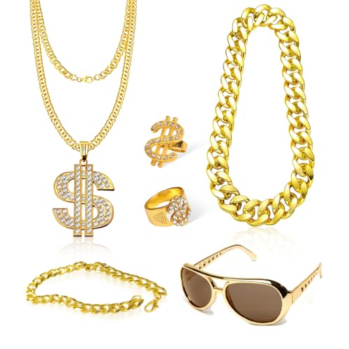 Slvoajtk 6 Stück Zuhälter Kostüm Rapper Gold Digger Dollar Kette Goldfarbenekette 80er 90er Hip-Hop Mottopartys Karneval Retro Halloween Maskerade Geburtstagsverkleidungen