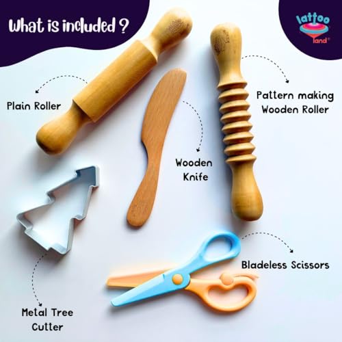 Lattooland Play Dough Tools |Wooden Tools for Clay |Montessori Toys |Pretend Play| Durable & Safe | Set of 5 Child-Sized Tools for Boys Girls 2 3 4 5 6 7 - Image 2