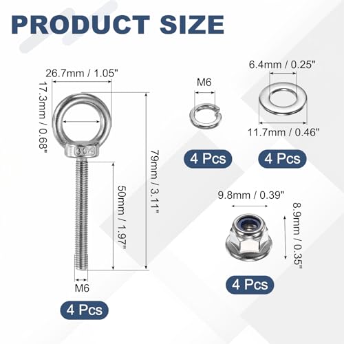 Image of PATIKIL M6 x 50mm Shoulder Eye Bolt, 4 Pcs 304 Stainless Steel Lifting Ring Threaded Eye Bolt with Flange Lock Nuts Spring and Flat Washers for Hanging Tie Down Straps Outdoor Indoor