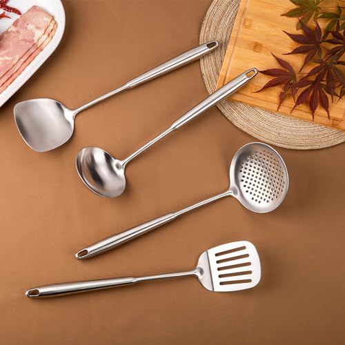 FJNATINH 4-Pieces 304 Stainless Steel Wok Spatula Set,Cooking Utensil Set,Soup Ladle Colander,Nonstick Kitchen Cooking Utensils Set with Spatula,Kitchenware Tools - Image 3