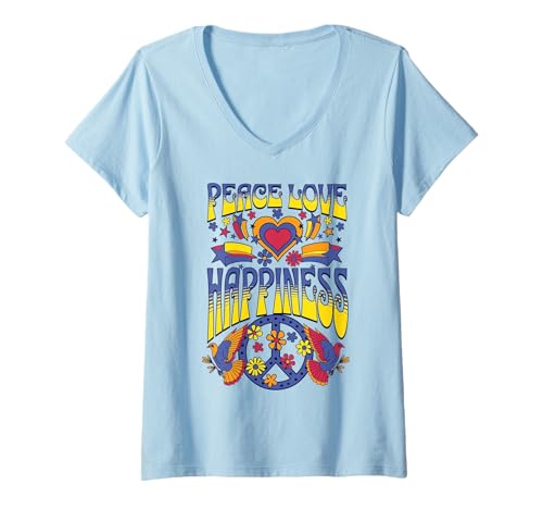 Donna Retro Groovy Peace Love Happiness 70s Hippie Arte Estetica Maglietta con Collo a V