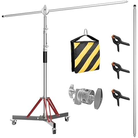 LOMTAP C Stand with Boom Arm, Stainless Steel Photography Heavy Duty Light Stand, 10ft/3m Adjustable Height, Mobile Wheeled Base with Spring Buffer for Studio Equipment Cover