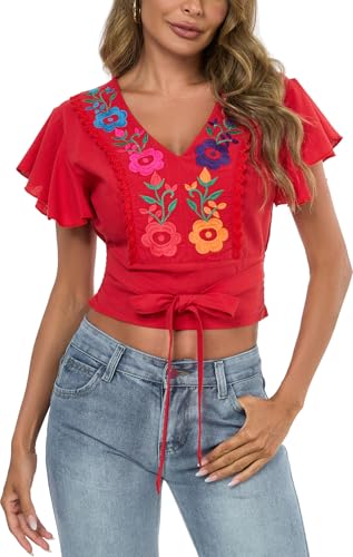 Women's V Neck Tie Front Crop Tops Summer Ruffle Short Sleeve Boho Peasant Embroidered Top Shirt Blouse