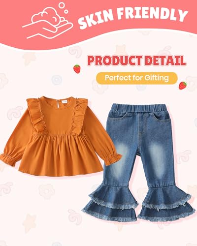 Mikrdoo Baby Toddler Girl Clothes Long Sleeve Ruffle Shirts Top Denim Bell Bottom Outfits Fall Winter Kids Clothing Sets4