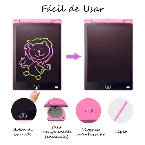 TECET® Pizarra Mágica Infantil 12 Pulgadas + Guía de 100 Dibujos para pintar | Pizarra Magnética Infantil para Niños | Tablet Led Digital de Dibujo, Rosa - imagen 5