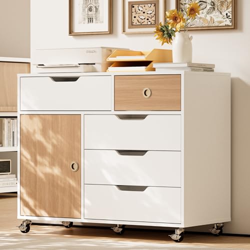 Image of 5 Drawers Mobile File Cabinet with Door, Rolling File Cabinet Printer Stand Table Craft Storage Cabinet, Under Desk Wooden Filing Cabinets for Home Office Essentials Storage Organization Furniture