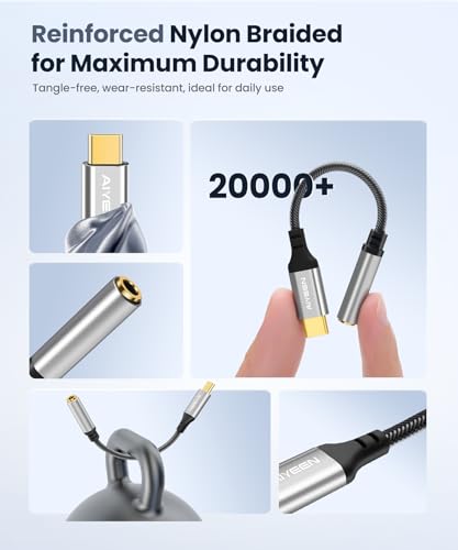 Image of Type-C to 3.5mm Headphone Adapter, Silver USB C to Aux Stereo Converter Cable with Hi-Res DAC Sound Card Chip, Braided Nylon, 13cm - Silver