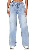 BMSTAY Women's High Waisted Wide Leg Jeans Drawstring Loose Fit Elastic Waist Straight Leg Sweatpant Denim Pants 2025 Trendy, Lightblue Large