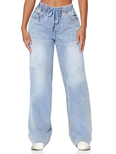 Women's High Waisted Wide Leg Jeans Drawstring Loose Fit Elastic Waist Straight Leg Sweatpant Denim Pants 2025 Trendy