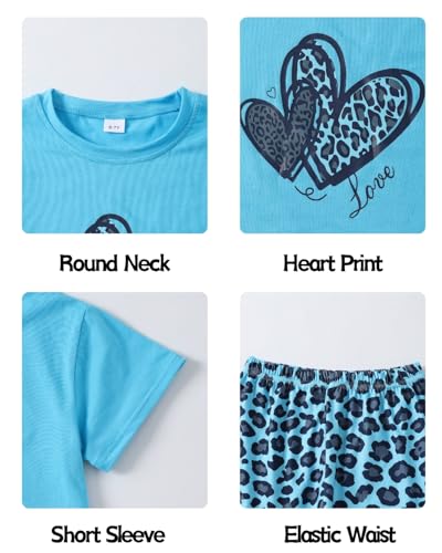 Image of 9-16Y Tween Girl Clothes 2 Piece Short Sleeve Heart Print Top and Shorts Teen Girl Summer Outfits Short Set