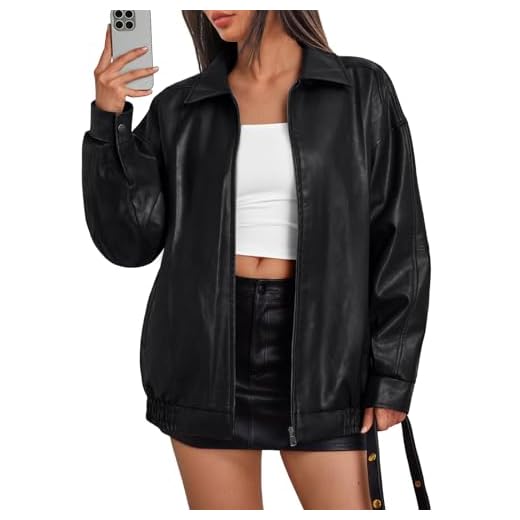 Trendy Queen Womens Leather Jacket, Oversized Night Out & Everyday Statement Piece, Bomber Jackets Fall Moto Coat Black M