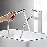 Weiß & Chrom Pulldown Bad Waschbecken Wasserhahn 360° Schwenkbar Einhandmischer Moderne Waschtischarmatur mit einziehbarem Brause für einfache Verwendung
