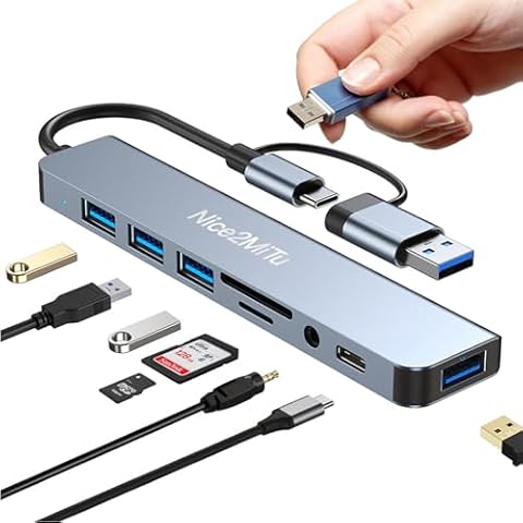 Nice2MiTu 8-in-1 USB-A & USB-C Hub with 4 USB 3.0 and USB 2.0 Ports, 1 USB-C Port, Audio and TF/SD Ports for MacBook, iPad, iPhone, Laptop, Cell Phone Cover