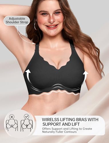 OEAK Women Jelly Bras No Underwire Scalloped Push Up Buttery Soft Tshirt Bra Seamless Full Coverage Convertible Everyday Bra Jacquard Black,XL - Image 4