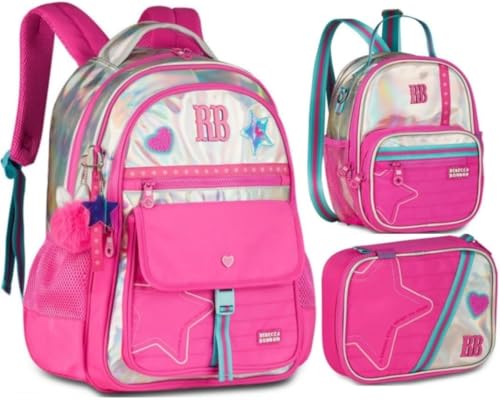 Kit Mochila de Costas Grande Holográfica Oficial Rebecca Bonbon Lancheira Estojo RB27021 (Rosa)