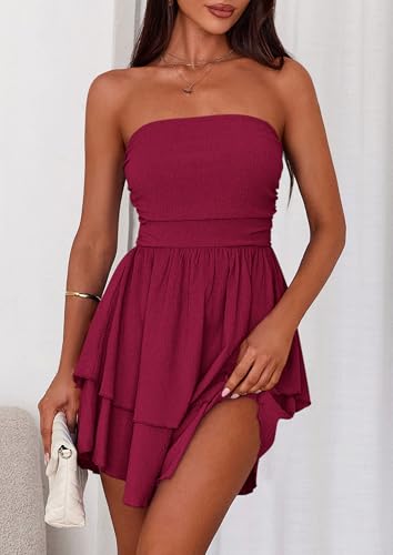 Image of PRETTYGARDEN Women's 2026 Summer Strapless Tube Mini Dress Off Shoulder Smocked Ruffle A Line Flowy Short Party Club Dresses