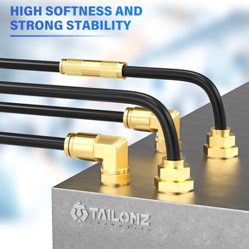 Image of TAILONZ Pneumatic Black 1 /4 inch OD 32 Meter 100ft PA12 Nylon Air Tubing Kits,Pipe Hose Air Line Tubing, Push-to-Connect DOT Brass Fittings (29PCS)