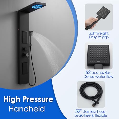 ROVOGO Led Shower Panel Tower System, Lighted Shower Head 2-Setting (Rainfall & Mist Mode), Large Body Jets, Handheld and Tub Spout, 50" Stainless Steel Shower Column with Mixer Valve, Black - Thumbnail 5