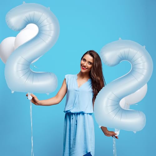 Image of Light Blue Number 2 Balloon, 40 Inch Big Large Foil Number Balloons, Giant Mylar Number 2 Balloons for 2 Second Birthday Baby Party Decorations Supplies Anniversary