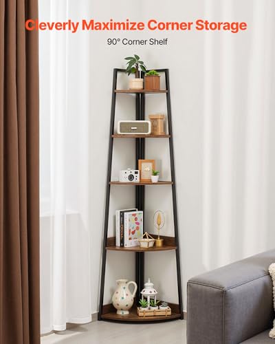 Image of VEVOR 5 Tier Corner Shelf, Tall Corner Bookshelf Plant Rack, Wall Shelves Tower Storage Organizer with Metal Frame & Wooden Shelves, Narrow Display Book Shelf Rack for Bedroom, Living Room, Office