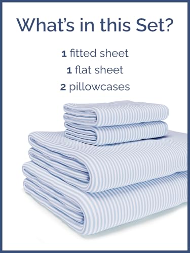 Image of Kids Queen Blue Pinstripes Bed Sheets - 4 Piece Blue Pinstripes Sheet Set | Blue Pinstripes Themed Bedding, Ultra-Soft, Cute & Cozy, Breathable & Machine Washable, Bed Set for Boys, Girls & Teens, Cozy