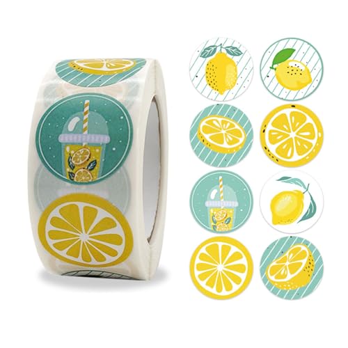 500PCS Lemon Stickers Yellow Green Fruit Decals 1 Inch 8 Different Round Roll Lemons Themed Birthday Party Favors Business Card Candy Cookie Bag Envelope Seals Gift Wrapping (Lemon)