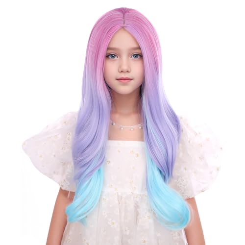 Image of Rainbow Wig for Kids Long Colorful Middle Part Wig for Girls Multi-color Wavy Curly Wigs for Children Purple Pink Wigs Heat Resistant Synthetic Hair with Cap
