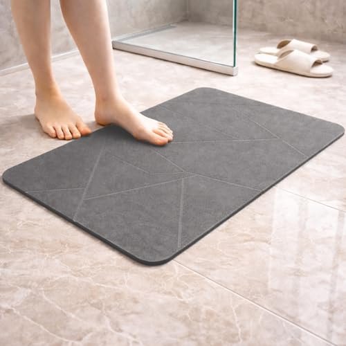Amazon Basics – Diatomite Stone Bath Mat | 60 L × 39 W × 0.9 H cm | Puzzle Surface | Grey | Fast Drying, Quick Absorption | Anti-Slip Base | Includes Sandpaper