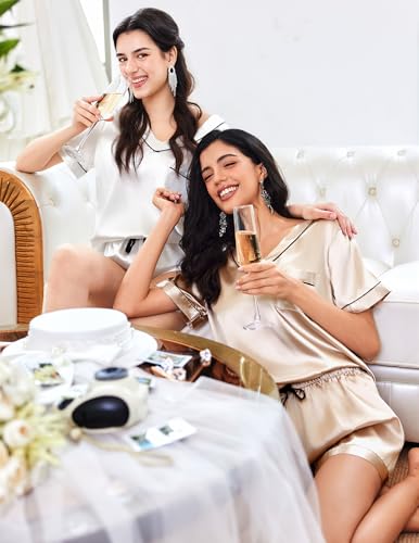 Ekouaer Silk Pajama for Women Short Sleeve Satin Pj Set Two Piece Soft Sleepwear Loungewear S-XXL4