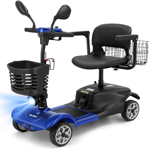 WheelWavi 4-Wheel Mobility Scooter for Adults & Seniors - Heavy-Duty Compact Travel Scooter with Long-Lasting Battery, LED Lights, Basket & Portable Design (Blue)