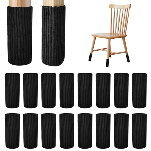 16 PCS Black Furniture Leg Socks - Knitted Chair Leg Floor Protectors for Hardwood Floors - Fits Round and Square Legs - High Elastic Bar Stool Chair Leg Covers Furniture Caps Set for All Shapes