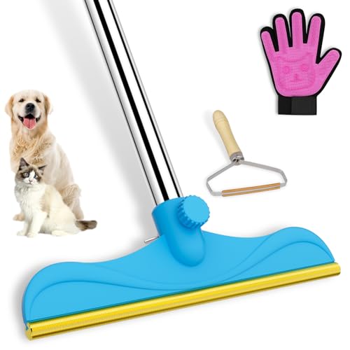 Eaersan 3 in 1 Carpet Rake Kit for Pet Hair Removal Tool - 45 Adjustable Long Handle Pet Hair Remover Reusable Carpet Scraper Dog Cat Deep Hair Cleaner Remover Tool for Rugs Mats Couch Furniture