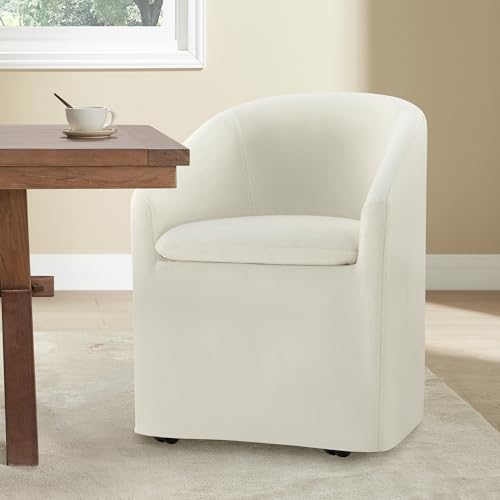 Image of KISLOT Upholstered Dining Chairs with Casters, Washable Cover Modern Dining Room Chairs with Barrel Backrest & Armrest, Vanity Chair with Wheels for Kitchen, Living Room, Bedroom, Linen Fabric, 1PCS