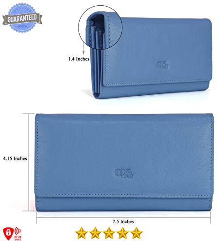 Image of Women's Top Grain Leather Wallet, RFID Blocking Bifold clutch, 17 Card Slots, Zip Pocket Organizer, Elegant Gift for Women - Birthday, Valentine, Anniversary - LIGHT BLUE