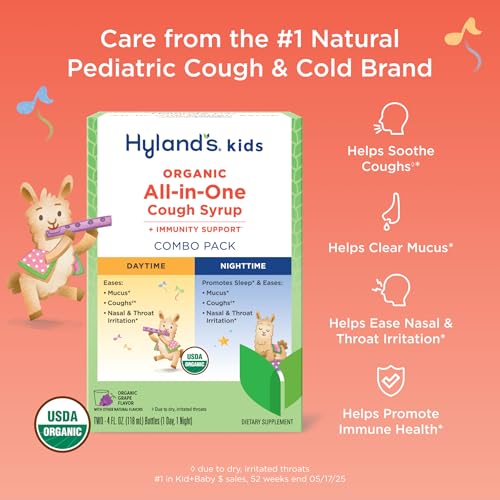 Image of Hyland's Kids Cough Syrup All-in-One Day+Night 2-Pack, Organic (Grape) 8oz