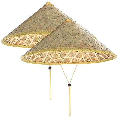 DAGLLGEW Lot de 2 Chapeaux de Riz, Chapeau Conique Oriental Chinois en Bambou avec Corde réglable, Casquette Pluie Touristique en Paille Riz tissée 14 Pouces pour la pêche agricole
