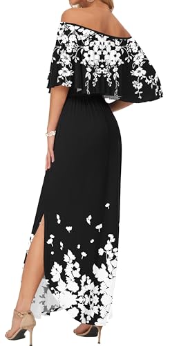 Image of AUSELILY Womens Off Shoulder Ruffle Split Summer Maxi Dresses with Pockets | Off-shoulder Ruffle dress with empire waist & side split for summer beach and casual parties