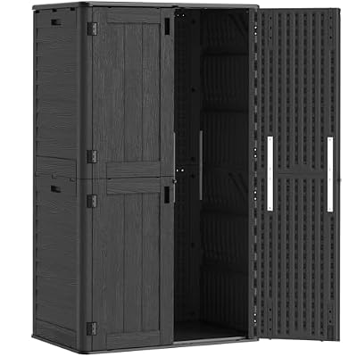 IWDOO Tall Vertical Outdoor Storage Shed, 61 Cu Ft Waterproof Resin Storage Cabinet with Floor, All-Weather Garden Shed for Garage, Patio, Backyard, Porch (Black)