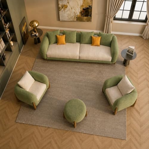 Image of Modern Sofa, Teddy Fabric, Chesterfield Style, Wooden Legs, for Living Room, Bedroom, Hallways (Olive Green - Cream, 3+1+1+Ottoman)