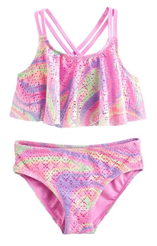 Traje de baño de dos piezas, traje de baño hawaiano de playa para niñas pequeñas de 3 a 12 años, Red rosa, 7 años