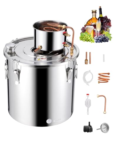 VEVOR Alcohol Still, 13.2 Gal / 50 L Stainless Steel Water Alcohol Distiller with Copper Coil, Home Brewing Refining Fermentation Kit with Thermometer & Pump, for Wine Whisky Brandy, Silver