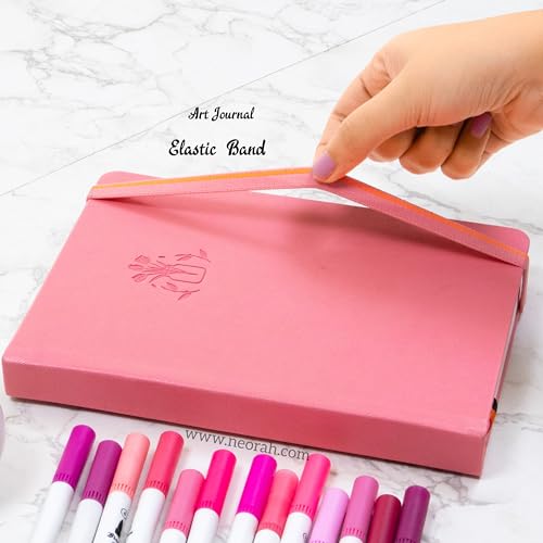 Image of NEORAH - A5 - ART JOURNAL | 200 Gsm Dotgrid Notebook | 160 Pages(21.0 x 14.8 cm)| Hard Cover| 3 Bookmarks | Elastic Closure|Back Pocket | Ideal - Bujo,Drawing & Painting, Junk Journal (Pink)