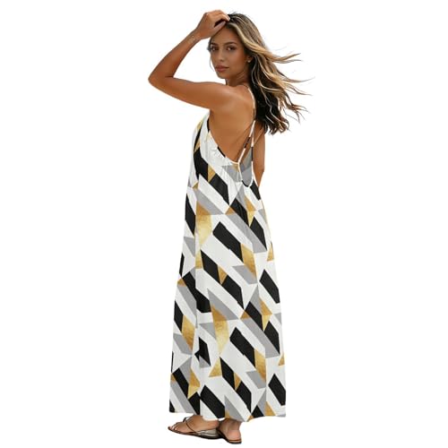 Vestido de espaguetis sin espalda para mujer, suave, agradable al tacto, holgado, para diversas ocasiones, dorado y negro, Bloques dorados y negros, XXL
